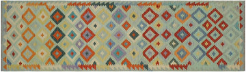 Flat Weave Kilim, Antique, Navaho, Vintage, Handmade, Geometric Kilim Blue Rust Hand-Woven Runner 100% Wool Area Rug 3 x 10